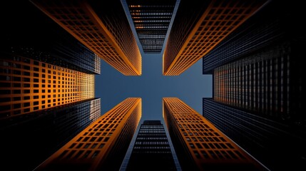 Skyward Embrace: Captivating view of skyscrapers, soaring towards the sky, the image offers an architectural perspective. Their illuminated facades cast warm glow against the azure canvas.