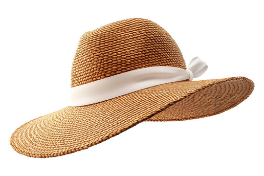 Elegant woven straw hat with a white ribbon bow, isolated on a transparent background. Close-up of a stylish summer accessory, ideal for fashion, travel, or vacation themes.