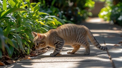 Kitten exploring garden path, sunlight dappled background, pet photography