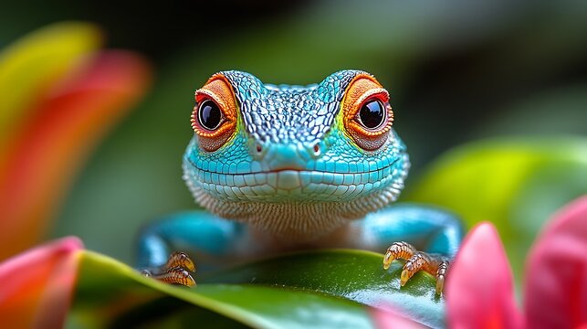 A vibrant lizard with blue body and red head, sits on a rock.
