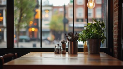 Cozy Cafe Ambiance: Wooden Table with Cutlery, Herbs, and City View