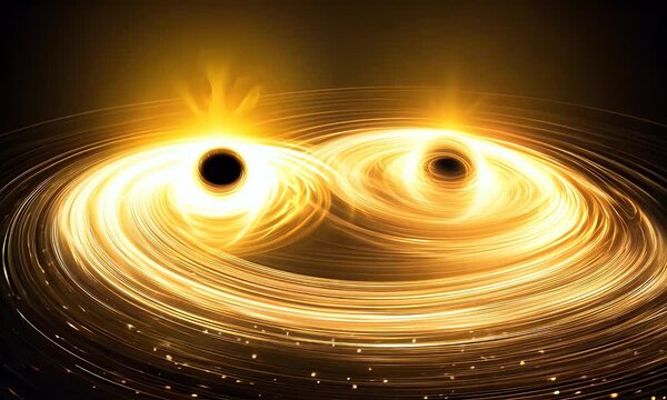 A stunning cosmic visualization of two black holes merging, creating intense gravitational waves and glowing energy. Ideal for space, science, astronomy, and astrophysics themes.