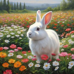 White rabbit in a flower field 