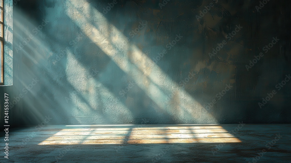 Poster dramatic light streaming through window in abandoned room capturing shadows and texture atmospheric 