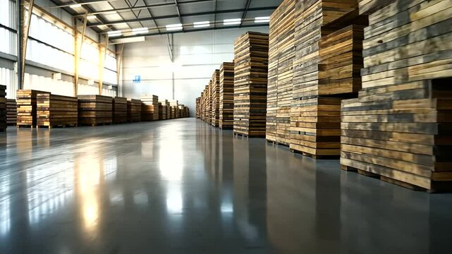 Stacks of engineered wood panels in varying tones of light and dark brown, perfectly aligned in a clean, brightly lit factory floor, emphasizing their uniformity.