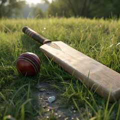 A cricket bat resting on the grass next to a cricket ball.

Could be set in a field or a backyard to represent the sport’s casual or professional vibe.
