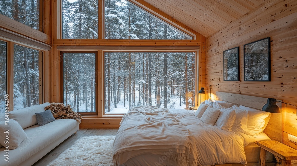 Aufkleber soft blankets adorn a neatly made bed in a rustic wooden room. large windows reveal a tranquil snowy