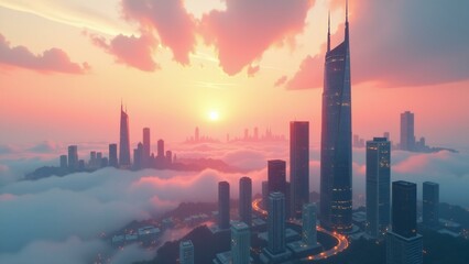 Fototapeta premium Abstract skyscrapers dissolve into misty sunrise or evening sky backgrounds, blending modern and natural elements.