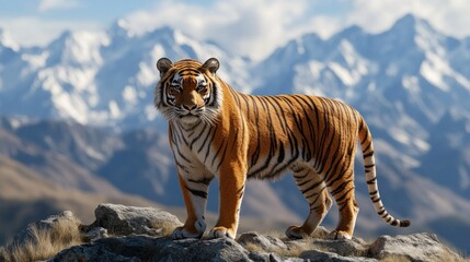 Majestic tiger on mountain peak, snowy backdrop