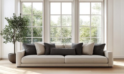 Fototapeta premium Serene Living Room Interior Design with Large Windows and Comfortable Sofa