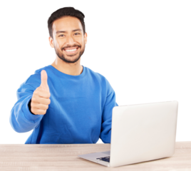 Laptop, thumbs up and portrait of young man by wooden table doing research on the internet. Smile, happy and Indian male person working on project with computer isolated by transparent png background