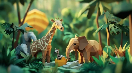 Wall murals Adorable Low-Poly Giraffe, Elephant, and Zebra in a Lush Jungle