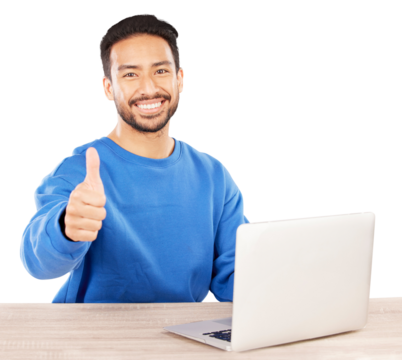 Laptop, thumbs up and portrait of young man by wooden table doing research on the internet. Smile, happy and Indian male person working on project with computer isolated by transparent png background