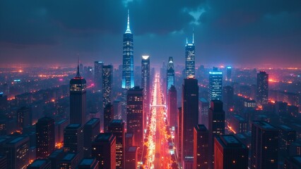 Fototapeta premium A bustling city street scene at night, featuring sleek skyscrapers and vibrant neon lights.