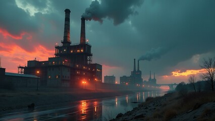 A desolate industrial landscape with crumbling buildings, pollution-stained skies, and rusty infrastructure.
