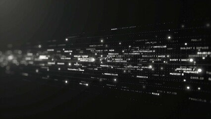 A futuristic, monochrome vector image featuring digital noise motifs and code overlays in a minimalist style.