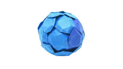 Blue origami paper ball rotating on transparent background
