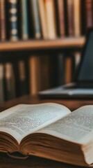 Obraz premium Close-up of an open book with a blurred laptop in the background 