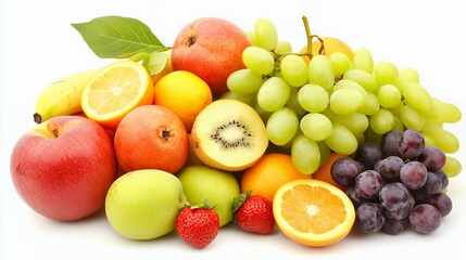 a pile of fresh fruit including oranges, kiwis, and grapes 