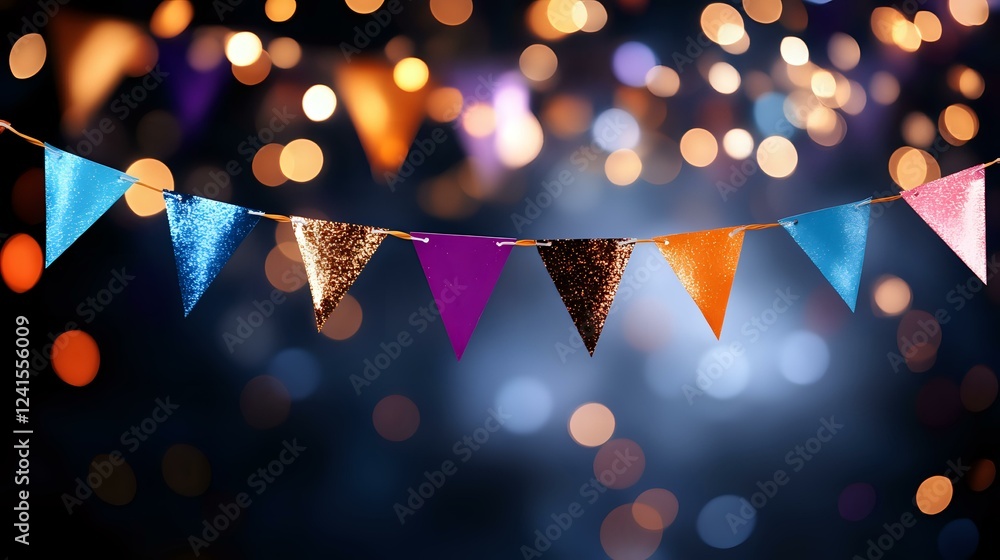 Poster festive bunting flags with colorful triangular pennants against blurred bokeh lights background crea