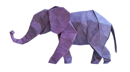 Purple origami elephant walking on transparent background