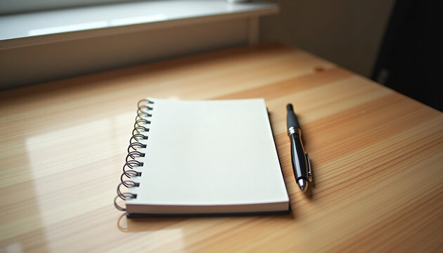 Spiral Notebook and Pen on a Wooden Desk