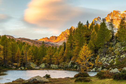  autumnal mountain landscape inside the Alpe Devero, Val D'Ossola, Verbania, Italia