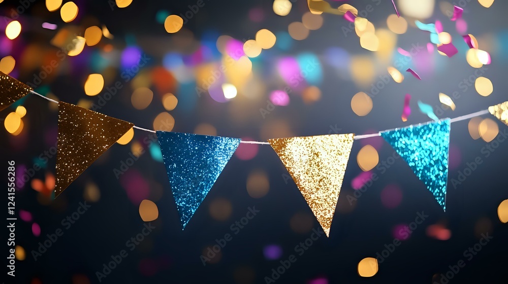Poster sparkling glitter bunting flags on string against blurred festive bokeh lights background in gold an