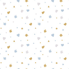 Cute Baby Seamless Pattern. Seamless pattern with hearts, flowers and stars. Background for babies