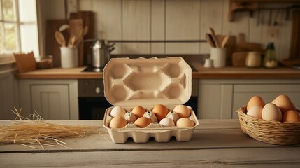 biodegradable carton for eggs, open to show its compartments, on a rustic kitchen