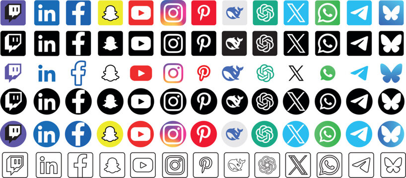 Collection of logos: Facebook, Instagram, Pinterest, WhatsApp, Deepseek, Twitch, Threads, Snapchat, YouTube, X, ChatGPT, TikTok, Bluesky, Telegram, LinkedIn.