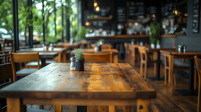 Empty cafe tables, city view, rustic interior, lunchtime. Restaurant food service