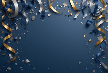 Festive Blue Background With Gold And Navy Ribbons And Confetti