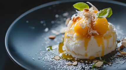 Mango and coconut ice cream with a sprinkle of toasted almonds and a drizzle of honey.Mango and coconut ice cream with a sprinkle of toasted almonds and a drizzle of honey.