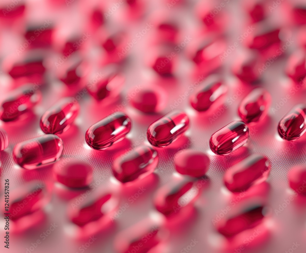 Poster close-up of vibrant red capsules arranged in a pattern