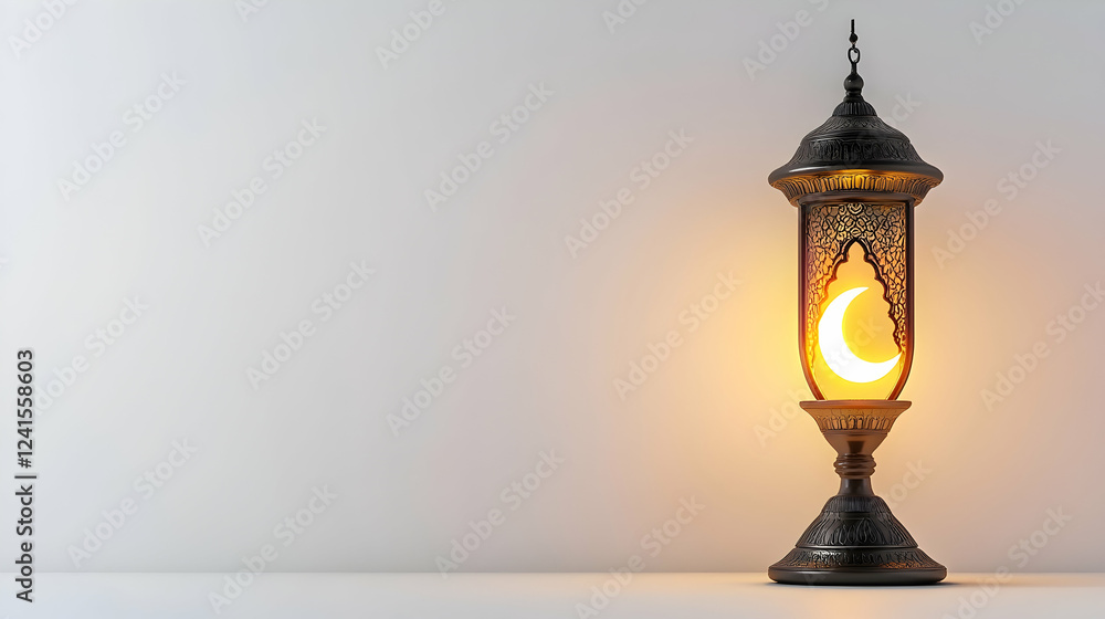 Poster a minimalist ramadan composition with a single glowing lantern and crescent moon on a white backgrou