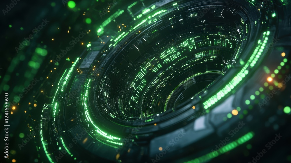 Poster complex circular structure with glowing green circuits processing data streams in a futuristic quant