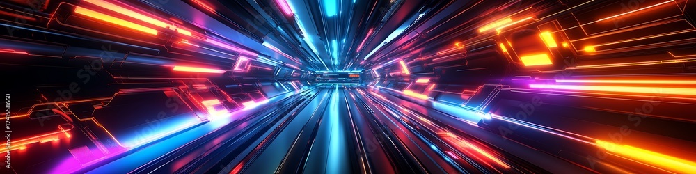 Poster neon hyperlane: a dazzling display of vibrant neon lights streaks through a futuristic tunnel, creat
