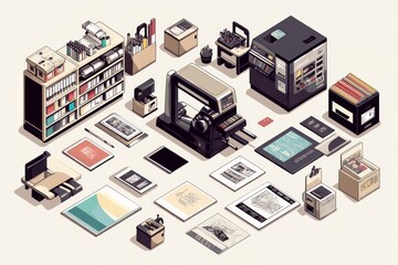 Isometric Illustration of a Vintage Printing Studio