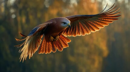 Red kite soaring, forest sunset. Wildlife nature background