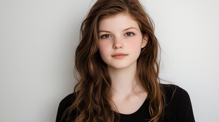 Fototapeta premium portrait of a young woman with long hair and beautiful eyes against a white background with a black wall 