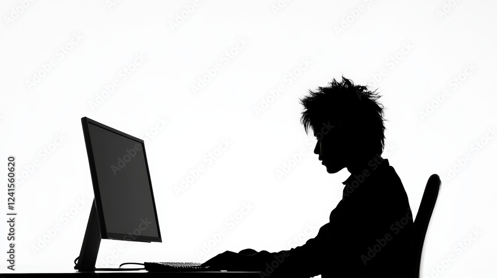 Poster silhouette of a person working at a computer, highlighting focus and concentration in a minimalistic