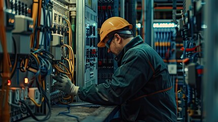 electrican at the work, close up ofa worker with helmet at the workstation