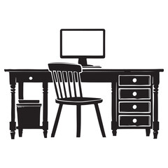 Simple Desk with Computer and Chair Silhouette Illustration