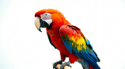 Obraz premium Soaring macaw with vivid plumage and dynamic wings in majestic flight against an isolated white background.