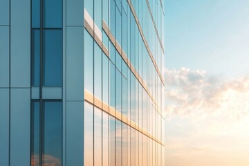 Modern glass skyscraper sunset city reflection