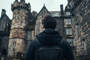 Fototapeta premium Studio portrait of a European person tourist, against a backdrop of Scottish moors generated with AI
