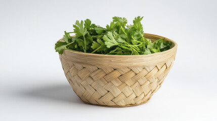 Naklejka premium Fresh cilantro in woven basket, perfect for culinary use and decoration