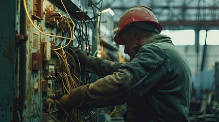 electrican at the work, close up ofa worker with helmet at the workstation