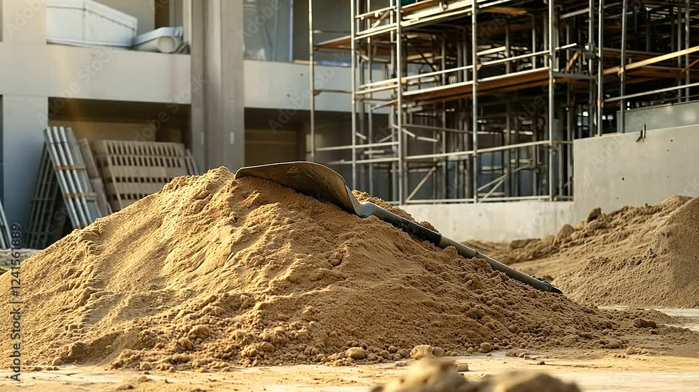 Poster a large sand mound with a heavy-duty shovel resting against it, framed by the angular shapes of scaf